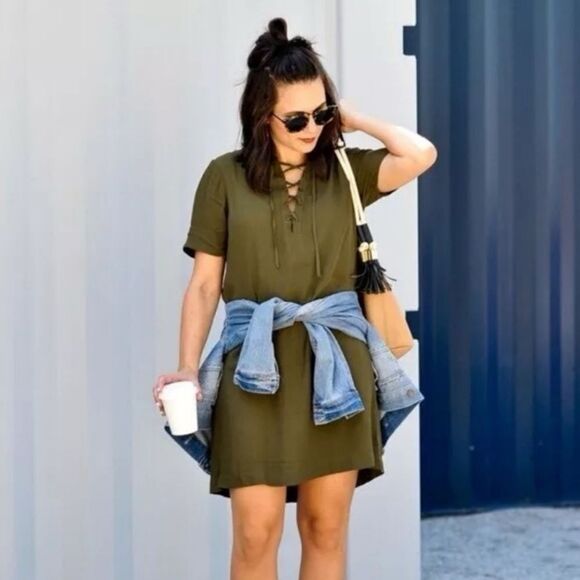 Madewell Dresses & Skirts - Madewell Olive Green Lace Up Shift Dress Boho T Shirt Mini Sz M Novella